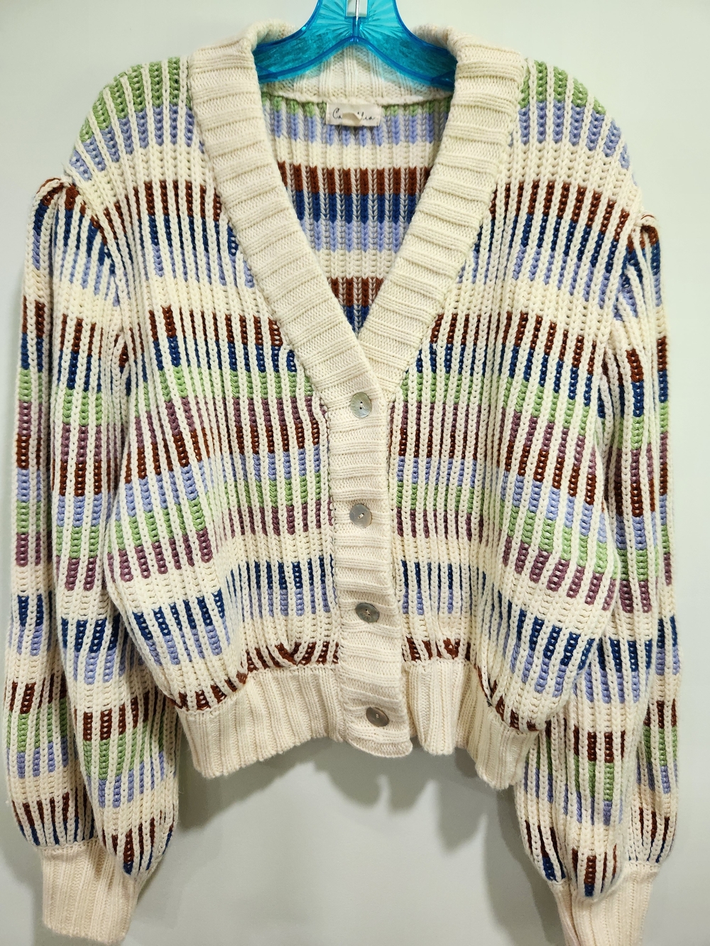 Cream Striped V-Neck Button Cardigan Sweater Shell Buttons